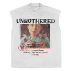 White sleeveless T-shirt by Velvet Errors with "Unbothered" printed design, casual and comfortable for everyday wear.