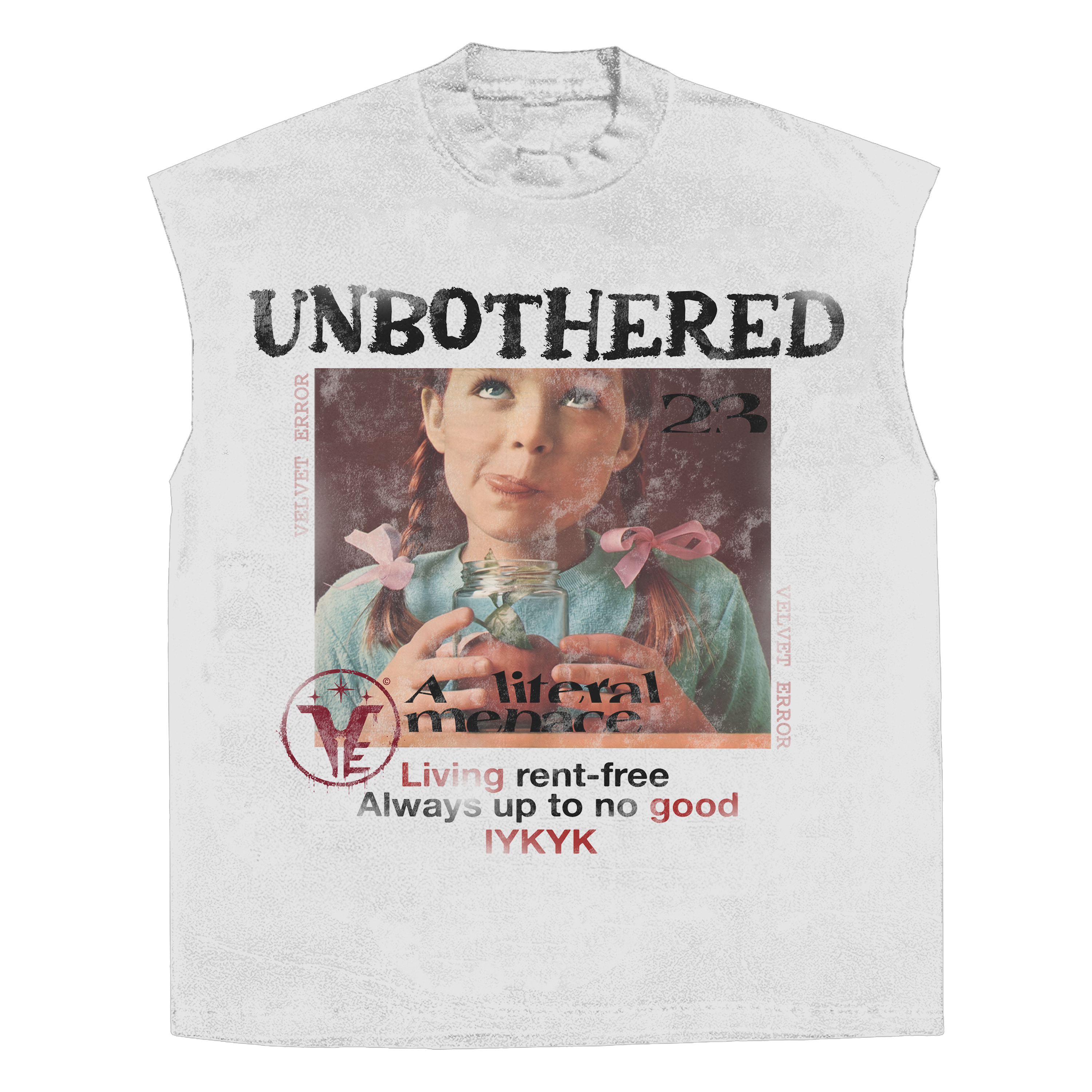 White sleeveless T-shirt by Velvet Errors with "Unbothered" printed design, casual and comfortable for everyday wear.