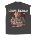 White sleeveless tee by Velvet Errors featuring "Unbothered" print, casual fit, and lightweight fabric.