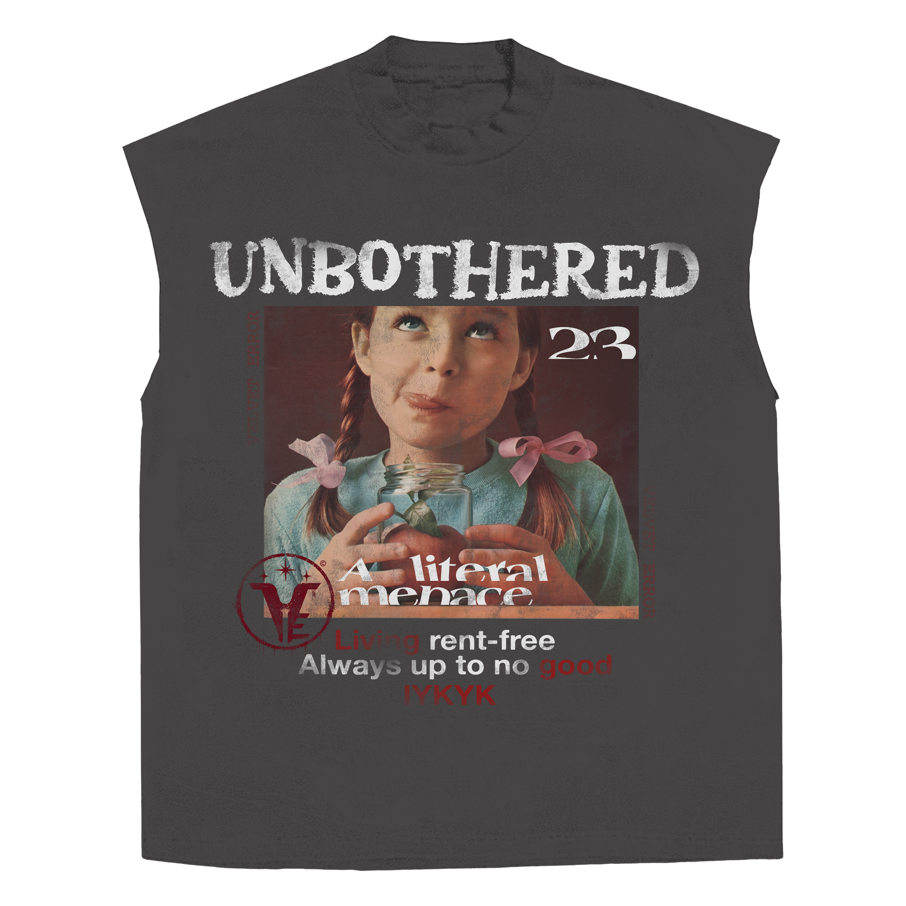 White sleeveless tee by Velvet Errors featuring "Unbothered" print, casual fit, and lightweight fabric.