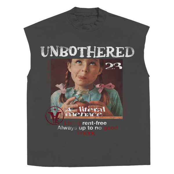 White sleeveless tee by Velvet Errors featuring "Unbothered" print, casual fit, and lightweight fabric.