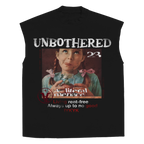 White sleeveless tee by Velvet Errors with "Unbothered" graphic, casual fit, and soft fabric, perfect for relaxed summer outfits.