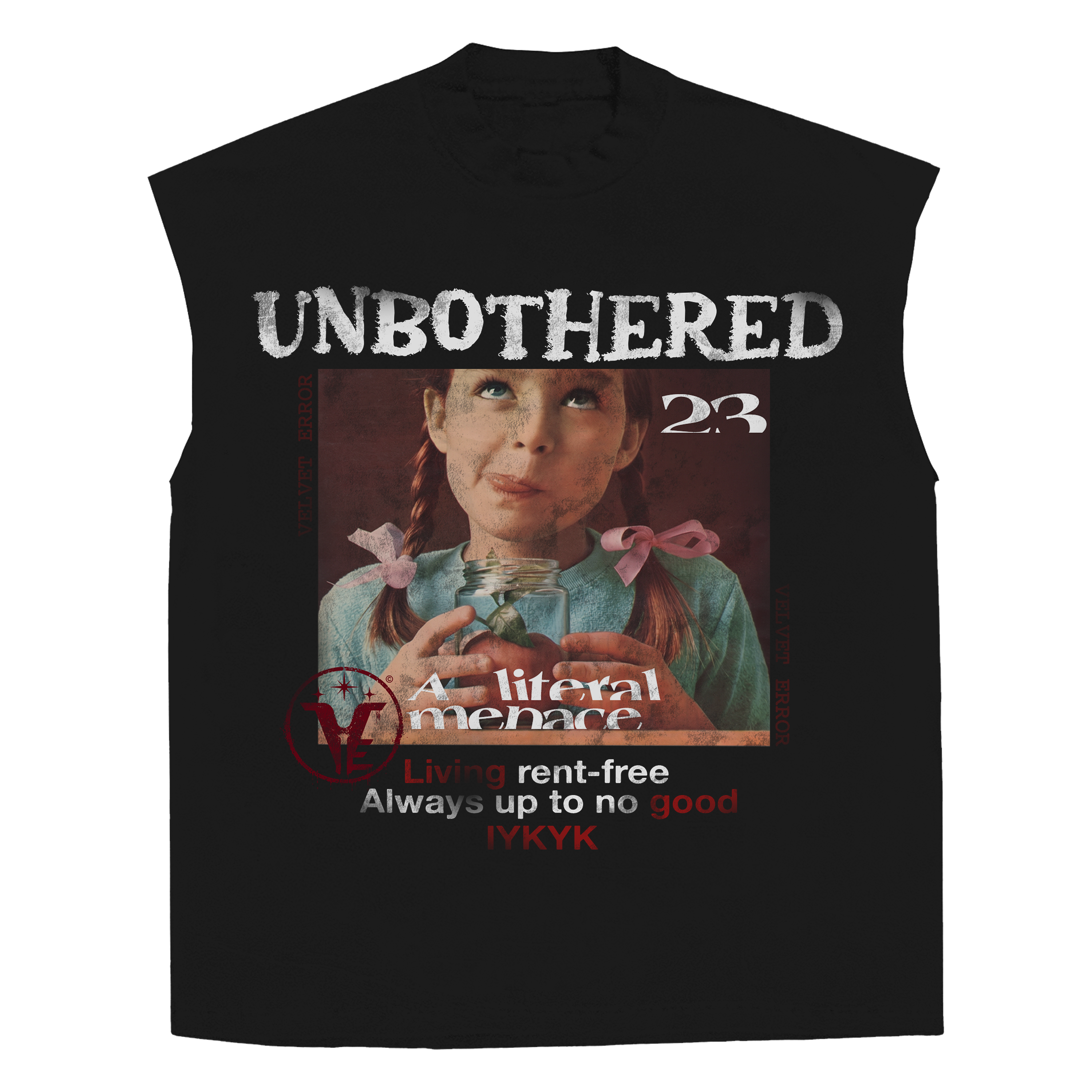 White sleeveless tee by Velvet Errors with "Unbothered" graphic, casual fit, and soft fabric, perfect for relaxed summer outfits.