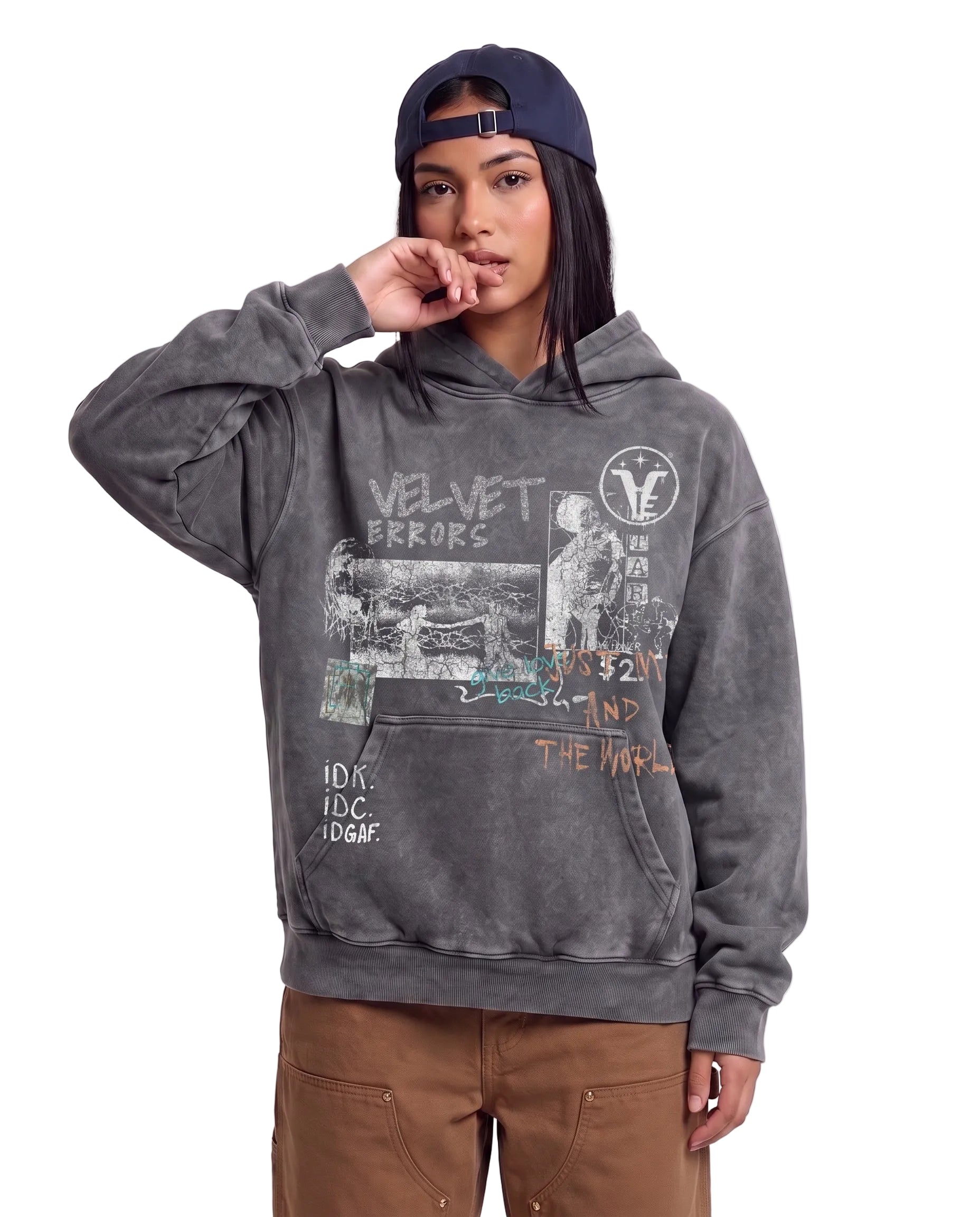 Grey Velvet Sins Hoodie from Velvet Errors with a relaxed fit, featuring a soft velvet fabric and casual style.