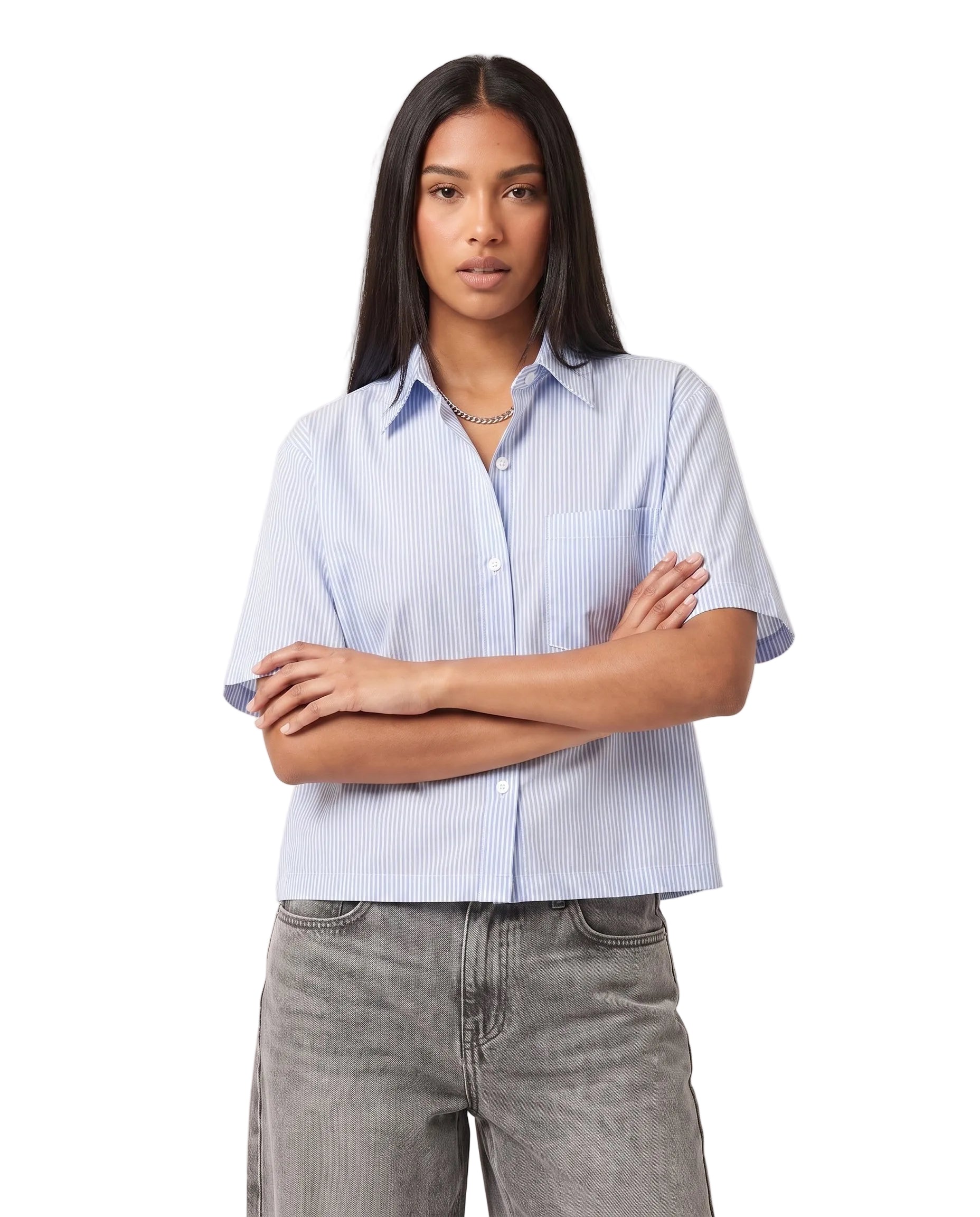 Blue vintage Velvet Errors blank button-up shirt with classic collar and long sleeves, displayed on a hanger.