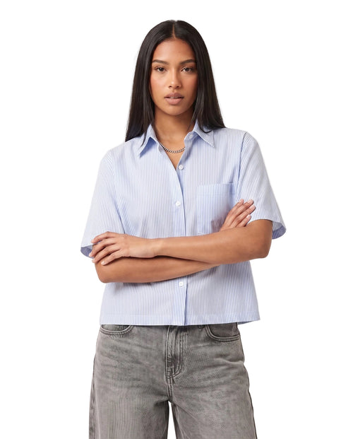 Blue vintage Velvet Errors blank button-up shirt with classic collar and long sleeves, displayed on a hanger.
