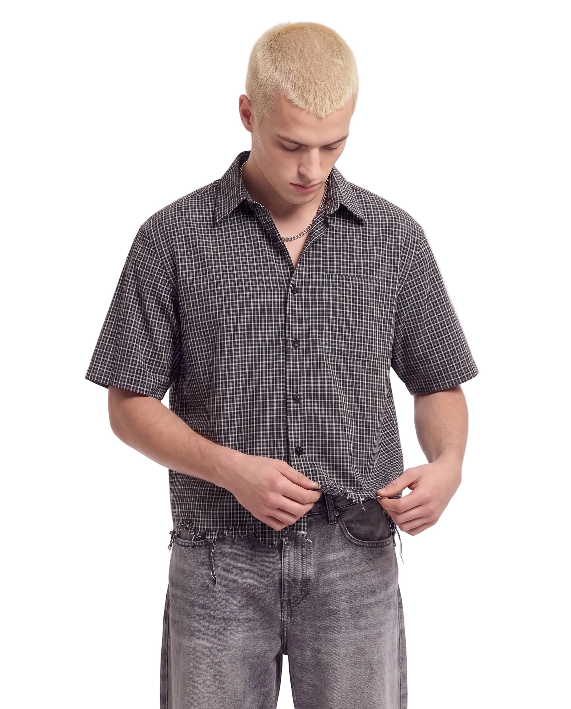 Vintage Velvet Errors blank distressed button-up shirt with frayed edges and casual fit, showcasing a worn-in, stylish look.